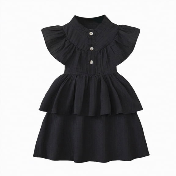 CAICJ98 Toddler Girl Cotton Linen Dress Sleeveless Ruffle Summer Dress Kids A Line Casual Elegant Dresses Clothes (5-6 Years,Black)