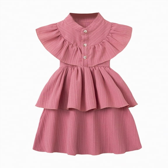 CAICJ98 Toddler Girl Cotton Linen Dress Sleeveless Ruffle Summer Dress Kids A Line Casual Elegant Dresses Clothes (6-7 Years,Pink)