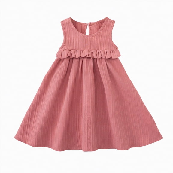 CAICJ98 Toddler Girl Cotton Linen Dress Sleeveless Ruffle Summer Dress Kids Solid Dresses Casual Clothes (5-6 Years,Pink)