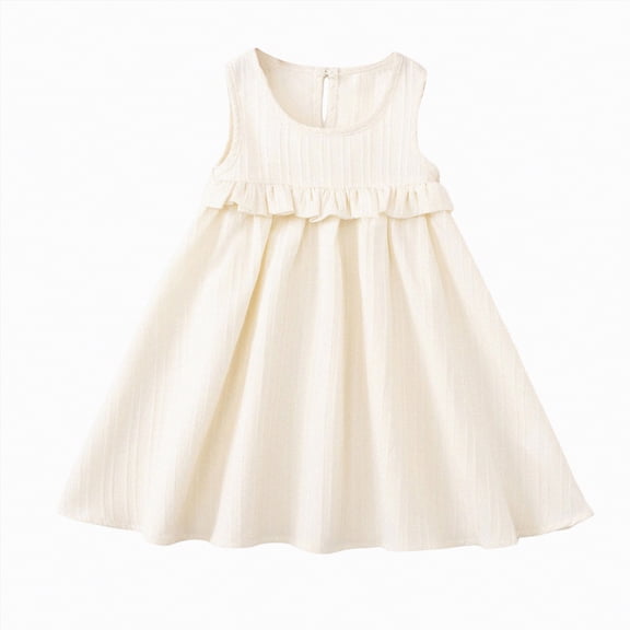 CAICJ98 Toddler Girl Cotton Linen Dress Sleeveless Ruffle Summer Dress Kids Solid Dresses Casual Clothes (5-6 Years,White)