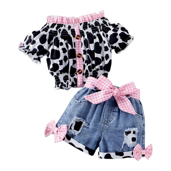 CAICJ98 Toddler Girl Denim Western Outfits Baby Cowgirl Clothes Kids Ruffle Off Shoulder Cow Print Shirt Button Down Tops Belted Jeans Shorts Pink,18-24 Months