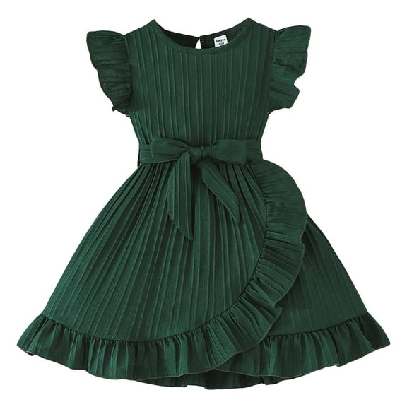 CAICJ98 Toddler Girl Dress Summer Ruffle Sleeve Tutu Princess Casual Knit Dresses for Girls Dark Green,5-6 Years