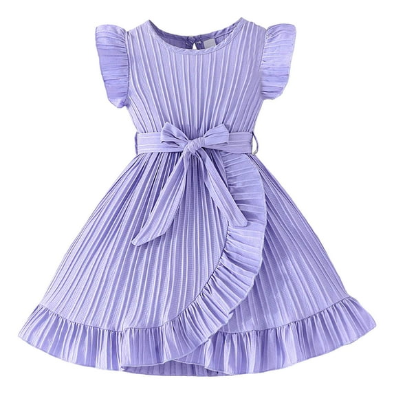 CAICJ98 Toddler Girl Dress Summer Ruffle Sleeve Tutu Princess Casual Knit Dresses for Girls Light Purple,5-6 Years