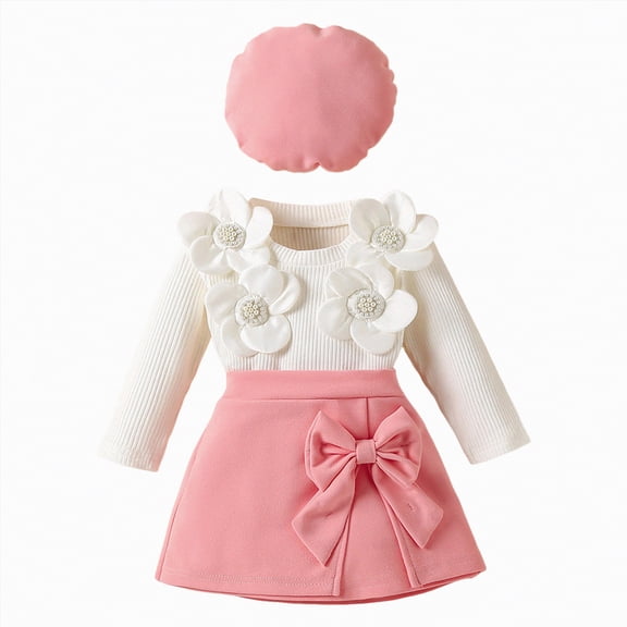 CAICJ98 Toddler Girl Outfits Fall Spring Dress Clothes Knit Ribbed Flower Sweatshirt Tops Bow Fashion Skirts Beret 3Pcs Set (Pink,18-24 Months)