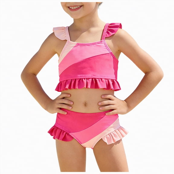 CAICJ98 Toddler Girl Swimsuit Summer 2 Piece Little Girls Bathing Suit Beach Girls' Color Block Bikini Swimwear (18-24 Months,Pink)
