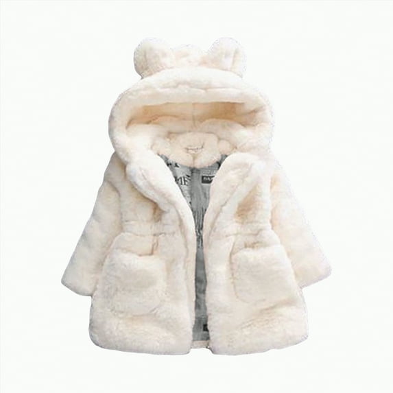 CAICJ98 Toddler Girl Winter Warm Coats Kids Fleece Jacket Clothes Ear Hooded Faux Fur Thicken Zipper Outerwear (White,12-18 Months)