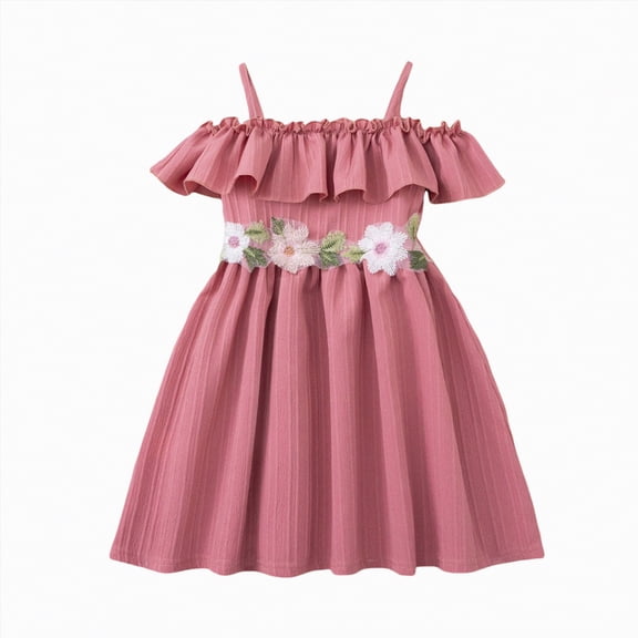 CAICJ98 Toddler Girls Floral Print Dress Cotton Linen Off Shouler Casual Dress Ruffle Hem Tunic Dress for Girls (6-7 Years,Pink)
