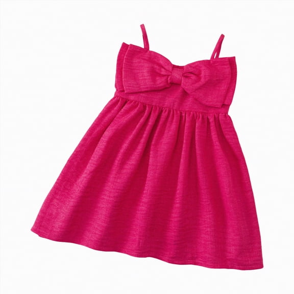CAICJ98 Toddler Girls Summer Cotton Linen Dress Spaghetti Straps Sleeveless Party Dresses for Girls Beach Casual Cute mini Bow Sundress (3-4 Years,Hot Pink)