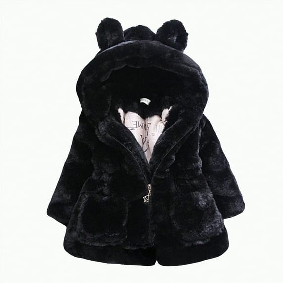 CAICJ98 Toddler Girls Winter Fleece Coats Kids Hooded Faux Fur Jacket Baby Warm Fuzzy Zip Up Jacket for Girls Outwear (Black,18-24 Months)