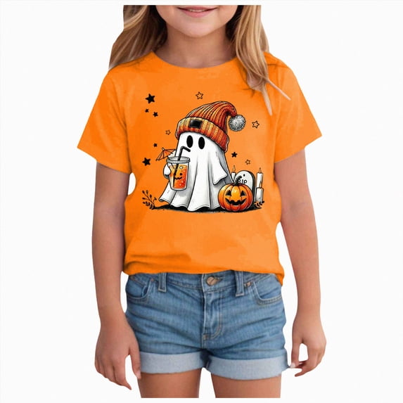 CAICJ98 Toddler Halloween Tshirt Pumpkin Ghost Graphic Tshirts Kids Cotton Short Sleeve Tee Top Halloween Shirt Boys Girls (Orange,11-12 Years)