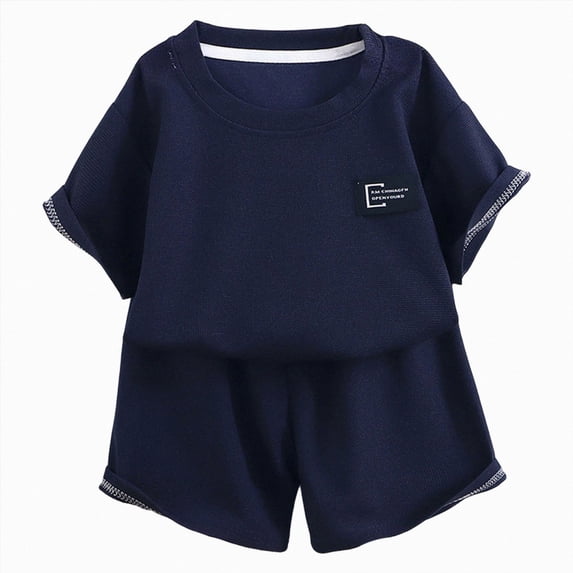 CAICJ98 Toddler Kid Boy's Casual 2 Piece Outfit Letter Patched Round Neck Tee Top and Elastic Waist Track Bermuda Shorts (Navy,13-14 Years)
