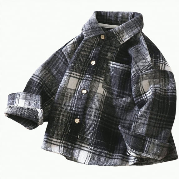 CAICJ98 Toddler Kids Flannel Shirt Jacket Plaid Long Sleeve Lapel Button Down Shacket Baby Fall Winter Coat for Boys Girls (Black,4-5 Years)