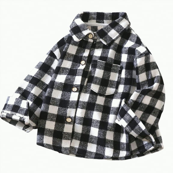 CAICJ98 Toddler Kids Flannel Shirt Jacket Plaid Long Sleeve Lapel Button Down Shacket Baby Fall Winter Coat for Boys Girls (Dark Gray,12-18 Months)