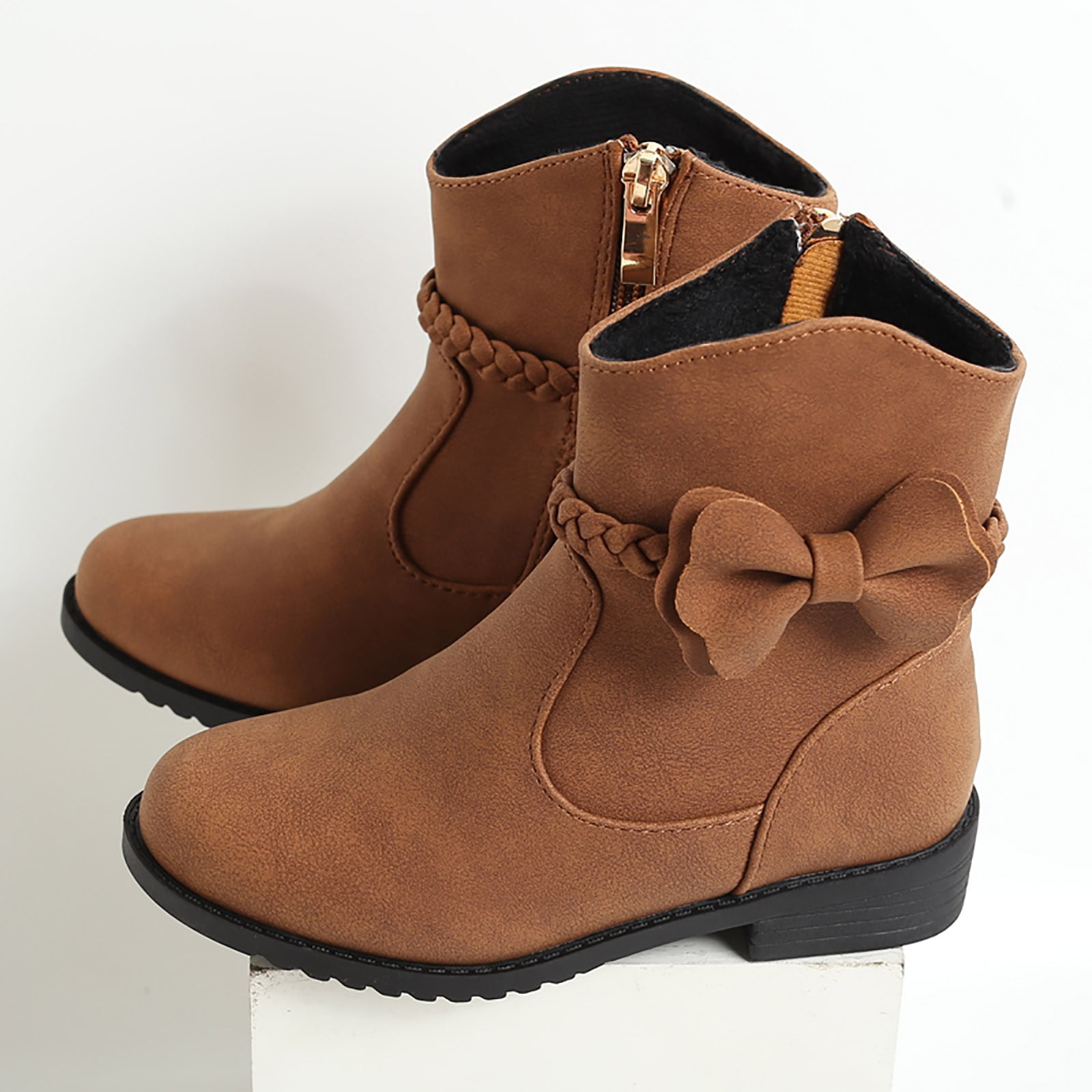 Little Girls Ankle Booties With Bow & Side Zipper - Low Heel, Almond Toe, Cute & Comfortable | Kids Fashion Shoes