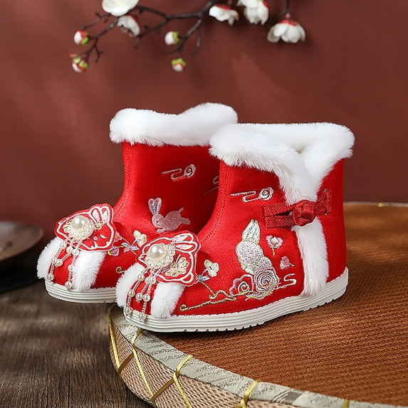 CAICJ98 Toddler Shoes Toddler Ethnic Style Cotton Boots for Gilrs Cloth Shoes Warm Winter Snow Boots Embroidery Print Shoes Girls Low Boots (Red, 11 Little Child)