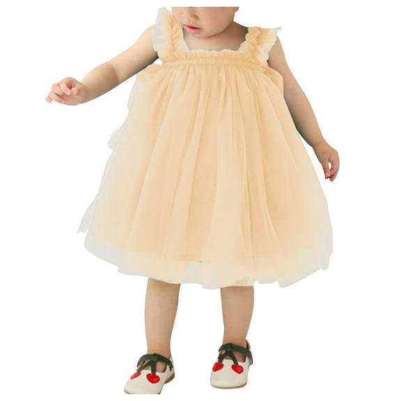 CAICJ98 Toddler Summer Tutu Tulle Dress Baby Girl Strap Floral A Line Dress for Girls Sleeveless Beach Butterfly Sundress Beige,18-24 Months