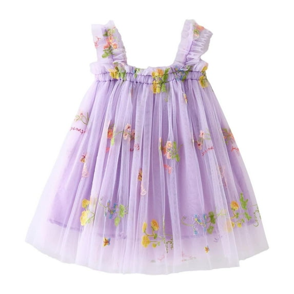 CAICJ98 Toddler Summer Tutu Tulle Dress Baby Girl Strap Floral A Line Dress for Girls Sleeveless Beach Butterfly Sundress Purple,12-18 Months