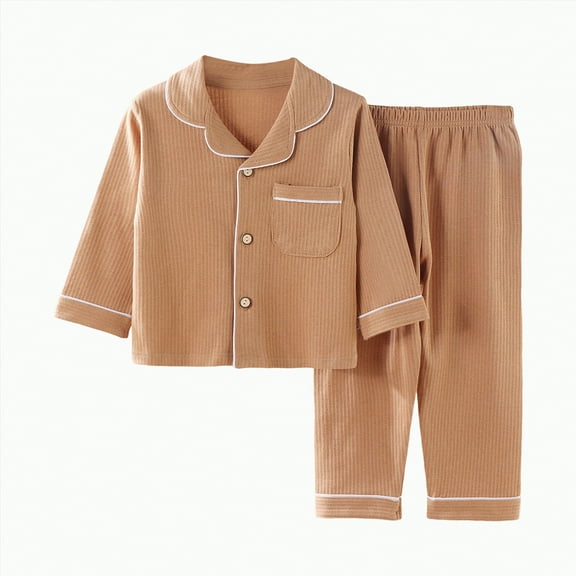 CAICJ98 Unisex Kids Pajamas Set Button-Down Long Sleeve Cotton Toddler Sleepwear Lounge Set Boys Girls Pajama Set,(Khaki,9-10 Years)