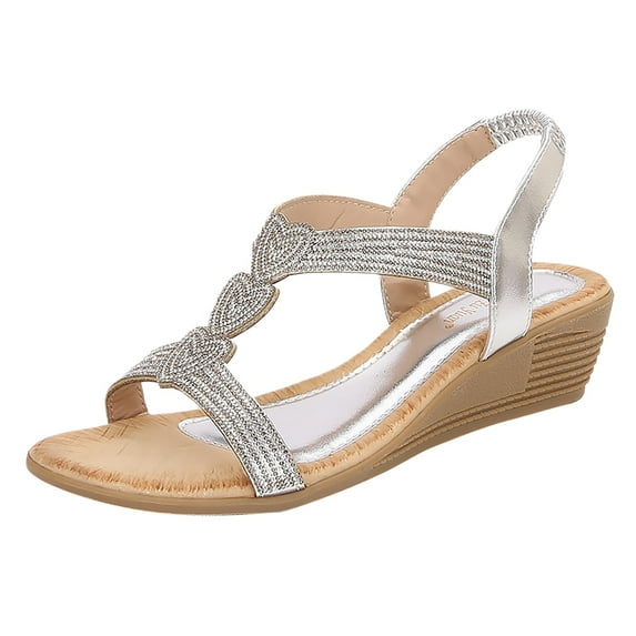CAICJ98 Walking Shoes Women Closed Toe Braided Sandals for Women Ankle Strap Cushion Espadrille Rubber Summer Wedge Sandals,Silver