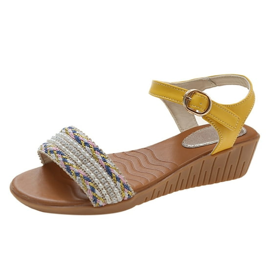 CAICJ98 Walking Shoes Women Sandals for Women Summer Flats: Comfortable Elastic Ankle Strap Dress Flats Shoes Casual Slip on Open Toe Bohemian Bling Beach Sandal,Yellow