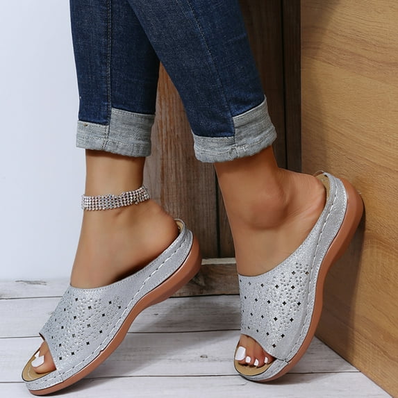 CAICJ98 Walking Shoes Women Summer Wedge Sandals for Women Open Toe Elastic Sparkly Slip On Rhinestone Comfortable Low Wedge Sandal,Silver