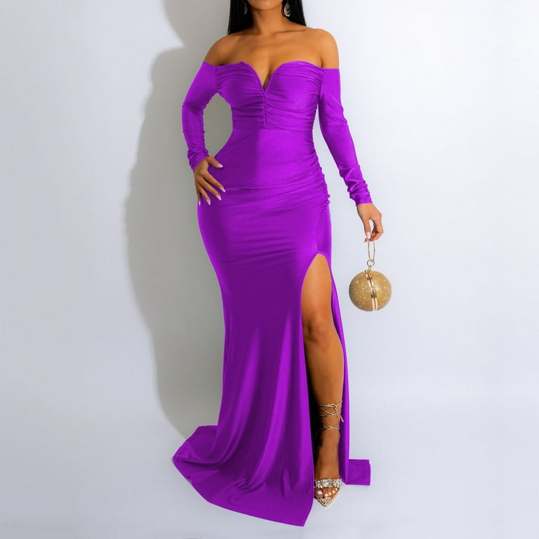 CAICJ98 Wedding Dresses for Bride Women Bra V Neck Off Shoulder Backless  Floor Length Sequin Evening Maxi Dress Purple,S