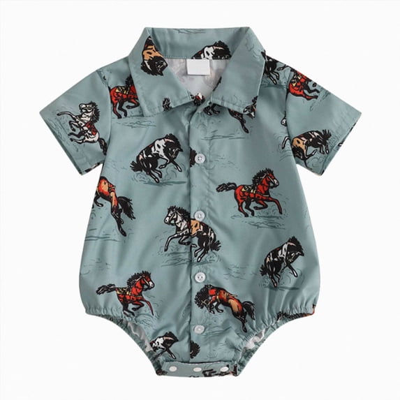 CAICJ98 Western Baby Boy Clothes Cowboy Shirt Romper Long/Short Sleeve Button Down Dress Bodysuit Infant Gentleman Outfits (Blue,12-18 Months)