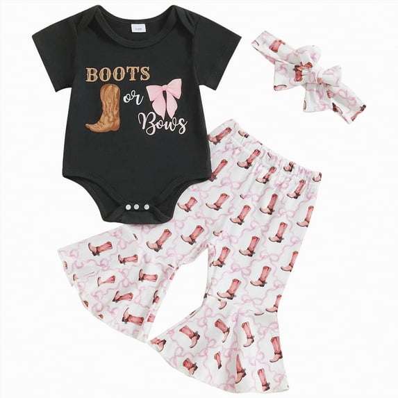 CAICJ98 Western Baby Girl Clothes Summer Cowgirl Outfit Short Sleeve Romper Bow Boots Cow Print Flared Bell Bottom Pants Set Fall Spring Outfits (Black,6-12 Months)