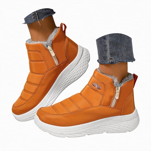 CAICJ98 Winter Boots Women Slip On Warm Lined Ankle Boots Waterproof Anti Slip Shoes Outdoor Womans Snow Boots (Orange,Size 7)
