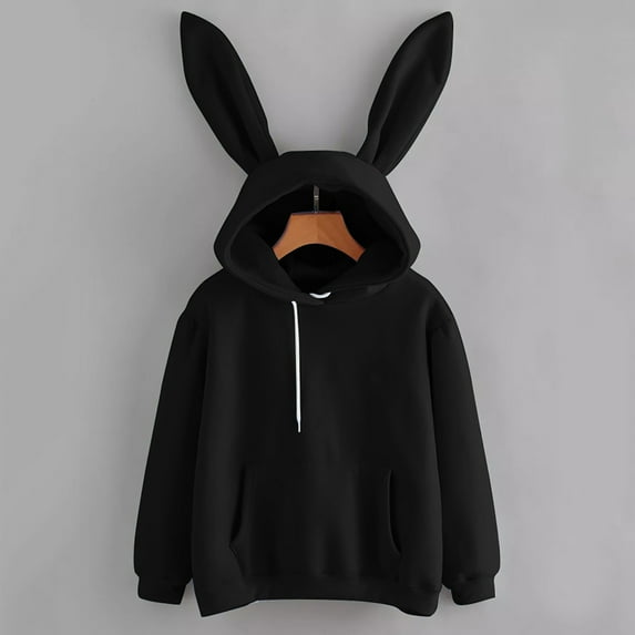 CAICJ98 Women Cute Ear Hoodie Fuzzy Fluffy Rabbit Kawaii Long Sleeve Oversize Jacket Sweatshirt Lovely Coats sweatshirts Black,S