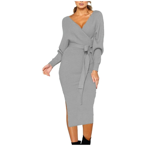 CAICJ98 Women'S Sweaters Plus Size Women's Neck Bodycon Sweater Dress Knit Pullover Lace Long Sleeve Party Mini Dress Grey,M