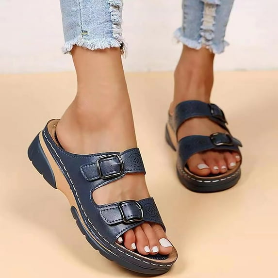 CAICJ98 Women Shoes Summer Wedge Sandals for Women Open Toe Elastic Sparkly Slip On Rhinestone Comfortable Low Wedge Sandal,BU2