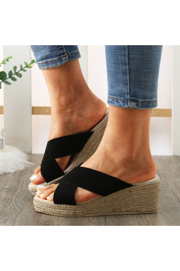 Women Shoes Topic Open Toe Buckle Ankle Strap Espadrilles Flatform Wedge Casual Sandal,Black
