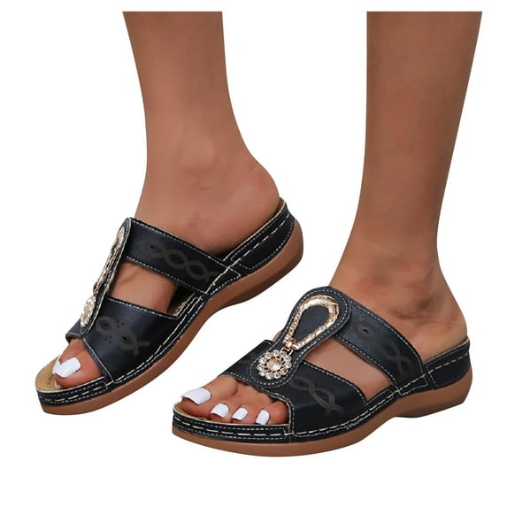 CAICJ98 Women Shoes Women Sandals Wedge Sandals Shoes for Women Elegant Flower Ankle Strap Casual Summer Dressy Flat Shoes,Black