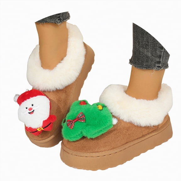 CAICJ98 Women Snow Boots Christmas Mini Ankle Boots Platform Suede Fleece Lined Cozy Warm Slip-On Shoes Indoor Outdoor Non Slip Slippers Comfortable Winter Boots for Women (Brown,Size 6.5)