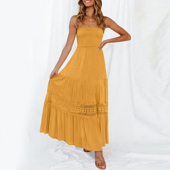 CAICJ98 Women's 2025 Summer Bohemian Strapless Dresses Casual Off Shoulder Lace Trim Backless Flowy A Line Beach Long Maxi Dress Orange,M