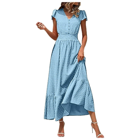 CAICJ98 Women's 2025 Summer Long Dresses casual Boho Short Sleeve V Neck Swiss Dot Ruffle Tiered Maxi Dress Smocked Cocktail Dresses for Women Blue,XXL