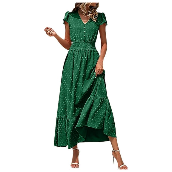 CAICJ98 Women's 2025 Summer Long Dresses casual Boho Short Sleeve V Neck Swiss Dot Ruffle Tiered Maxi Dress Smocked Cocktail Dresses for Women Green,S