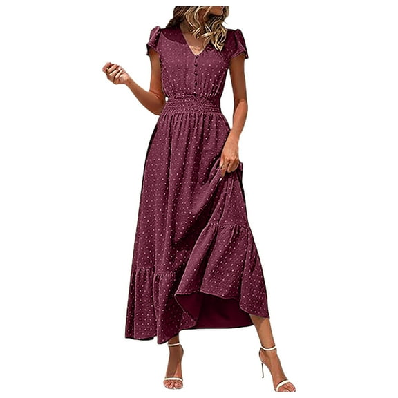 CAICJ98 Women's 2025 Summer Long Dresses casual Boho Short Sleeve V Neck Swiss Dot Ruffle Tiered Maxi Dress Smocked Cocktail Dresses for Women Red,XL