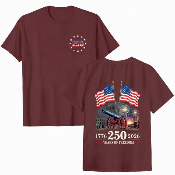 CAICJ98 Women's 250th America Anniversary Casual Printed Crew Neck T-Shirt USA Flag Tee 250 Years of Freedom T-Shirts for Women (Wine,S)