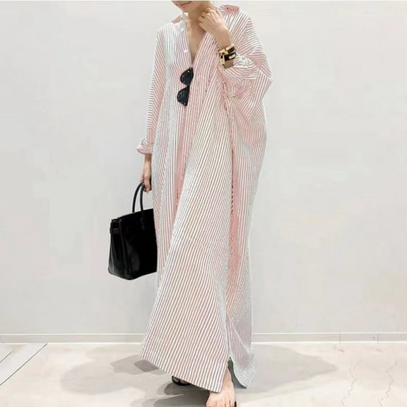 CAICJ98 Women's Casual Dresses Long Sleeve Button Down Loose Striped Cotton Maxi Shirt Dress Pink,XXL