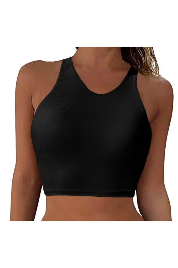 Women's Racerback Bikini Tops Quick Dry Modest Swimsuit Top Sports Padded Bathing Suit Black,S