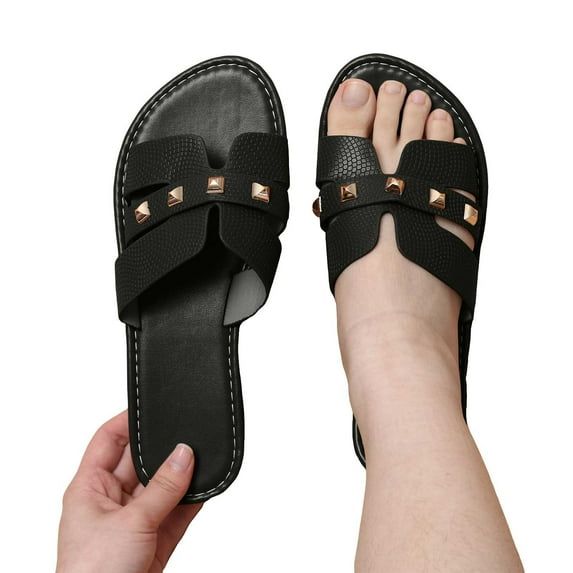 CAICJ98 Women's Slides Flat Sandals Open Toe Band Wide Width Dressy Vacation Slide Black,9