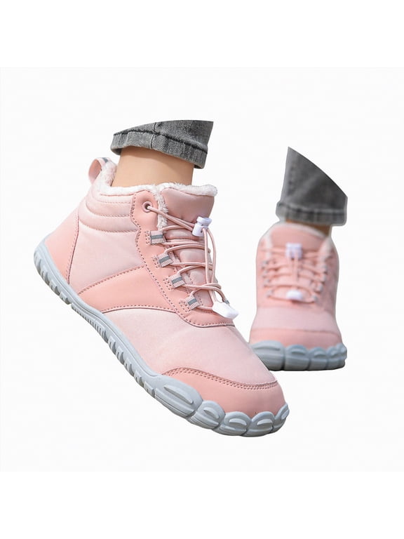 Women's Snow Boots Barefoot Hiking Boots Slip On Warm Zero Drop Waterproof Ankle Boots Wide Toe Box Booties for Walking Outdoor Winter Boots for Women (Pink,Size 7)