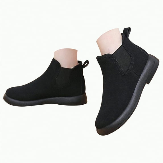 CAICJ98 Women’s Snow Boots Warm Lining Mini Ankle Boots With Fluffy Trim and Buckle Decor Slip On Comfort Shoes Winter Boots Women (Black,Size 6.5)