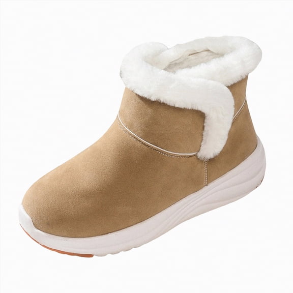 CAICJ98 Women's Snow Boots Warm Lining Mini Ankle Boots With Fluffy Trim and Buckle Decor Slip On Comfort Shoes Winter Boots for Women (Beige,Size 6)