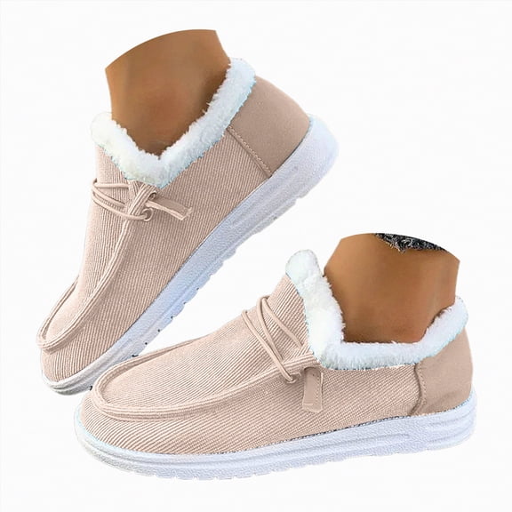 CAICJ98 Women's Warm Lace up Loafers Casual Cozy Flat Slip on Wide Width Shoes Non-Slip Lightweight Canvas Driving Walking Shoes Women Boots Winter (Beige,Size 9.5)