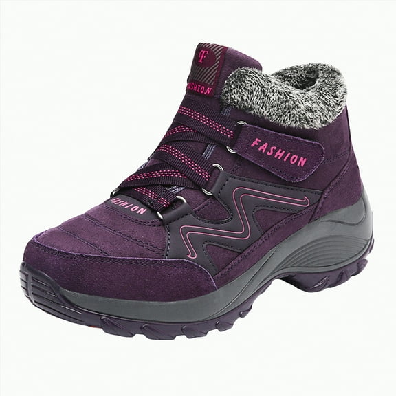 CAICJ98 Women's Winter Boots Warm Cotton Lined Hiking Shoes Lace Up Comfortable Waterproof Non Slip Ankle Platform Boots Outdoor Winter Boots for Women (Purple,Size 7)