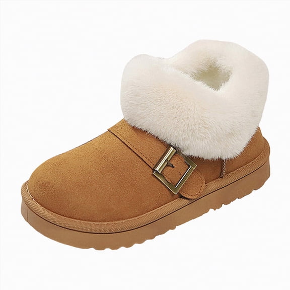 CAICJ98 Womens Boots Winter Warm Lining Mini Ankle Boots With Fluffy Trim and Buckle Decor Slip On Comfort Shoes Snow Boots for Women (Khaki,Size 6)