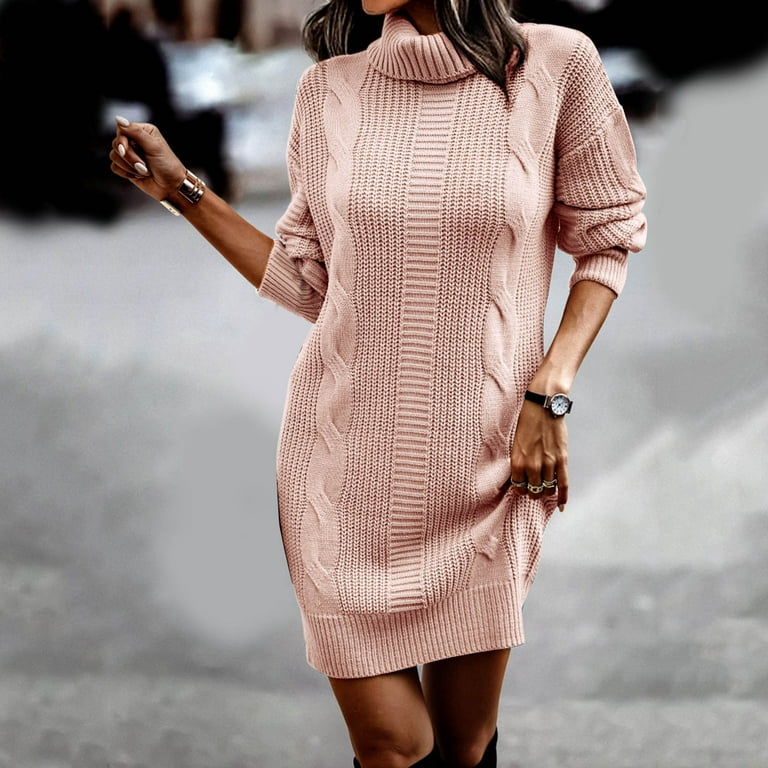 CAICJ98 Womens Fall Fashion 2023 Women's Casual Long Sleeve Waffle Knit Tie  Waist Loose Pullover Tunic Sweater Dress Pink,XL